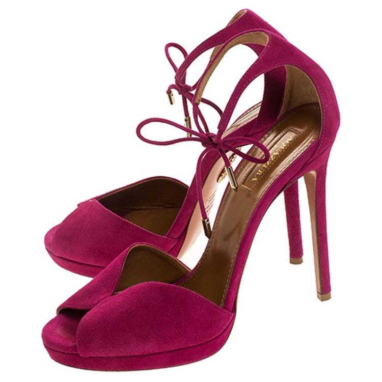 Pre Owned Aquazzura Fuschia Pink Suede Platform Ankle Wrap Sandals Size 38