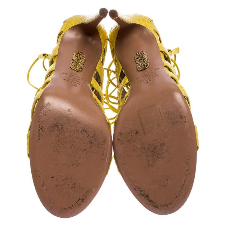 Pre Owned Aquazzura Yellow Python Leather Amazon Lace Up Open Toe Sandals Size 38