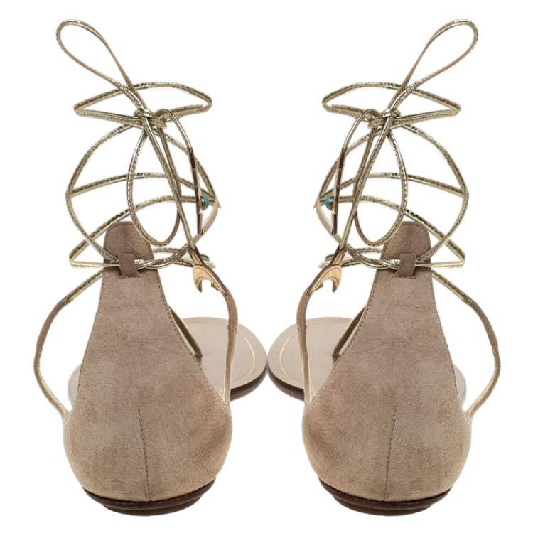 Pre Owned Aquazzura Beige Suede And Metallic Gold Leather Poppy Delevingne Midnight Thong Flats Size 39.5