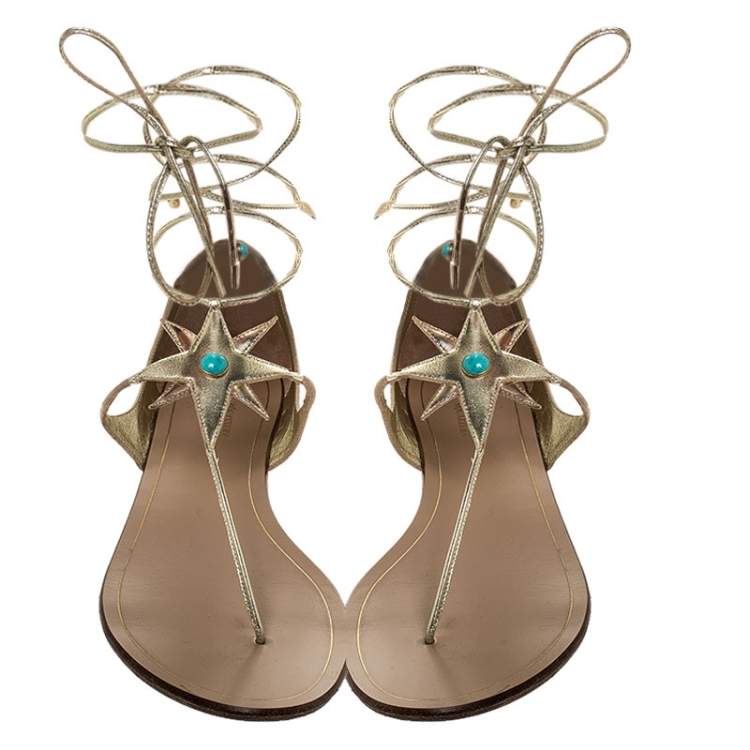 Pre Owned Aquazzura Beige Suede And Metallic Gold Leather Poppy Delevingne Midnight Thong Flats Size 39.5