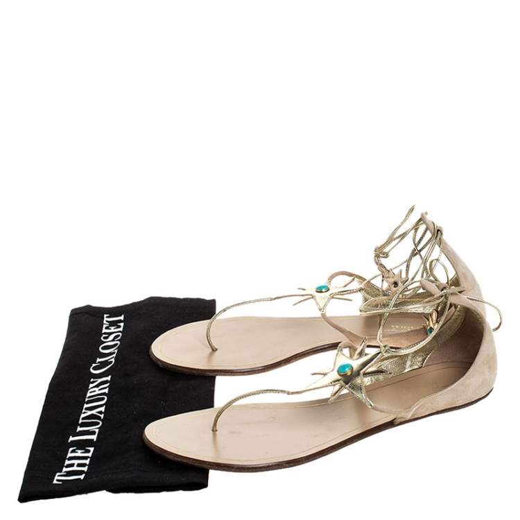 Pre Owned Aquazzura Beige Suede And Metallic Gold Leather Poppy Delevingne Midnight Thong Flats Size 39.5