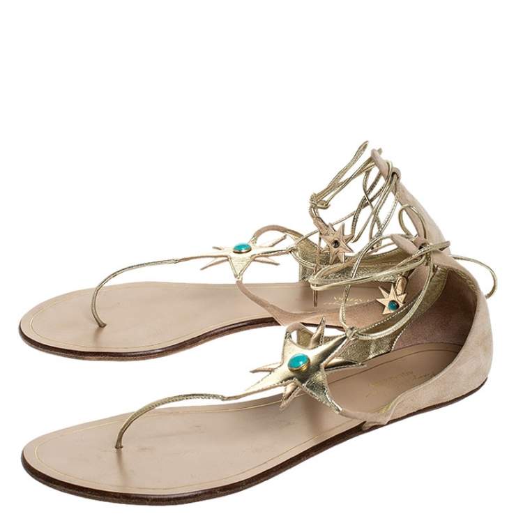 Pre Owned Aquazzura Beige Suede And Metallic Gold Leather Poppy Delevingne Midnight Thong Flats Size 39.5
