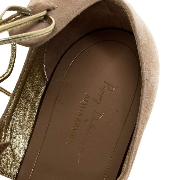 Pre Owned Aquazzura Beige Suede And Metallic Gold Leather Poppy Delevingne Midnight Thong Flats Size 39.5