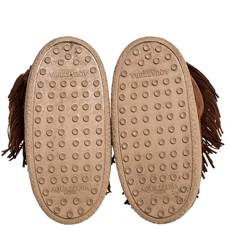 Pre Owned Aquazzura Brown Suede Fringe Detail Lace Up Boho Karlie Boots Size 40