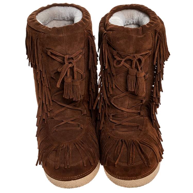 Pre Owned Aquazzura Brown Suede Fringe Detail Lace Up Boho Karlie Boots Size 40