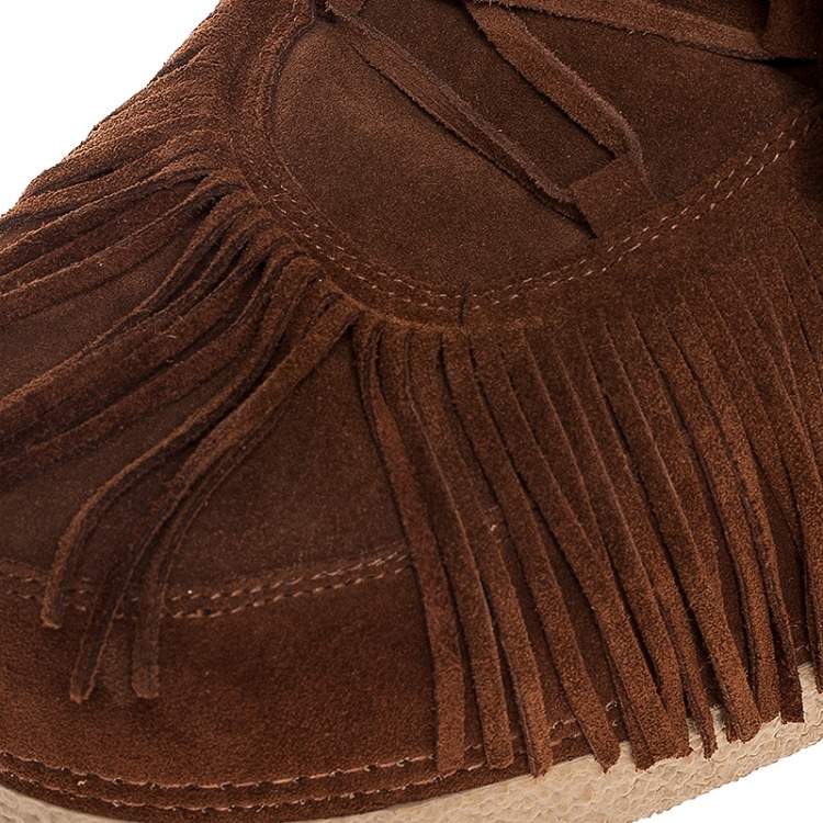Pre Owned Aquazzura Brown Suede Fringe Detail Lace Up Boho Karlie Boots Size 40