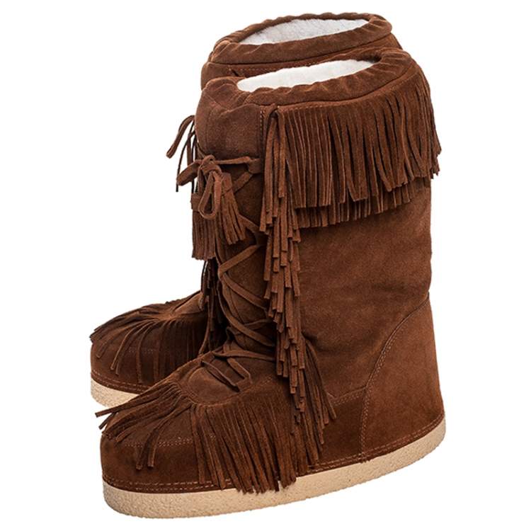 Pre Owned Aquazzura Brown Suede Fringe Detail Lace Up Boho Karlie Boots Size 40