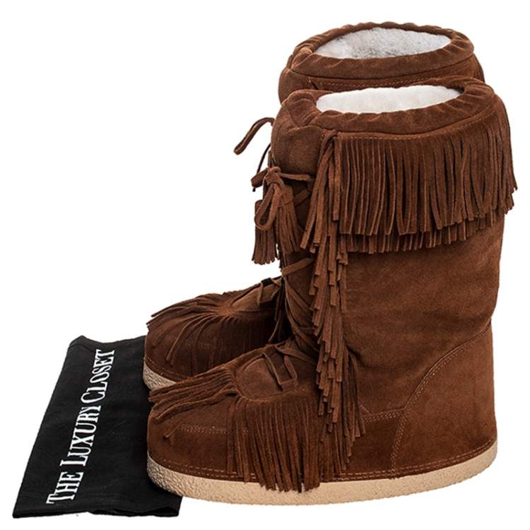 Pre Owned Aquazzura Brown Suede Fringe Detail Lace Up Boho Karlie Boots Size 40