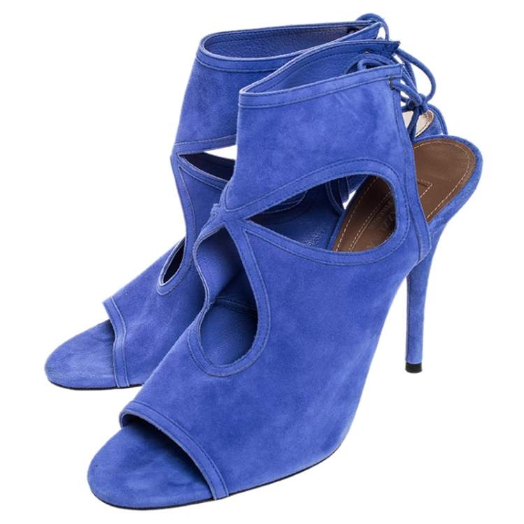 Pre Owned Aquazzura Blue Cutout Suede Sexy Thing Peep Toe Sandals Size 39.5