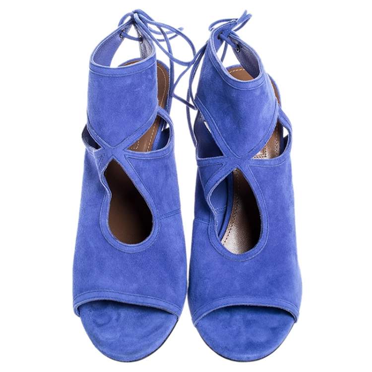 Pre Owned Aquazzura Blue Cutout Suede Sexy Thing Peep Toe Sandals Size 39.5