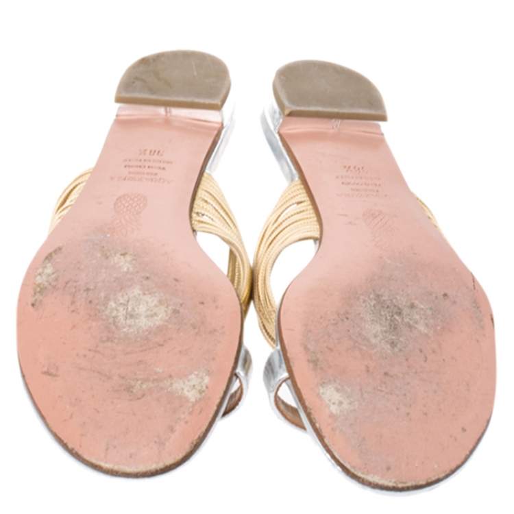 Pre Owned Aquazzura Metallic Gold/Silver Leather Rendez Vous Flat Slides Size 38.5