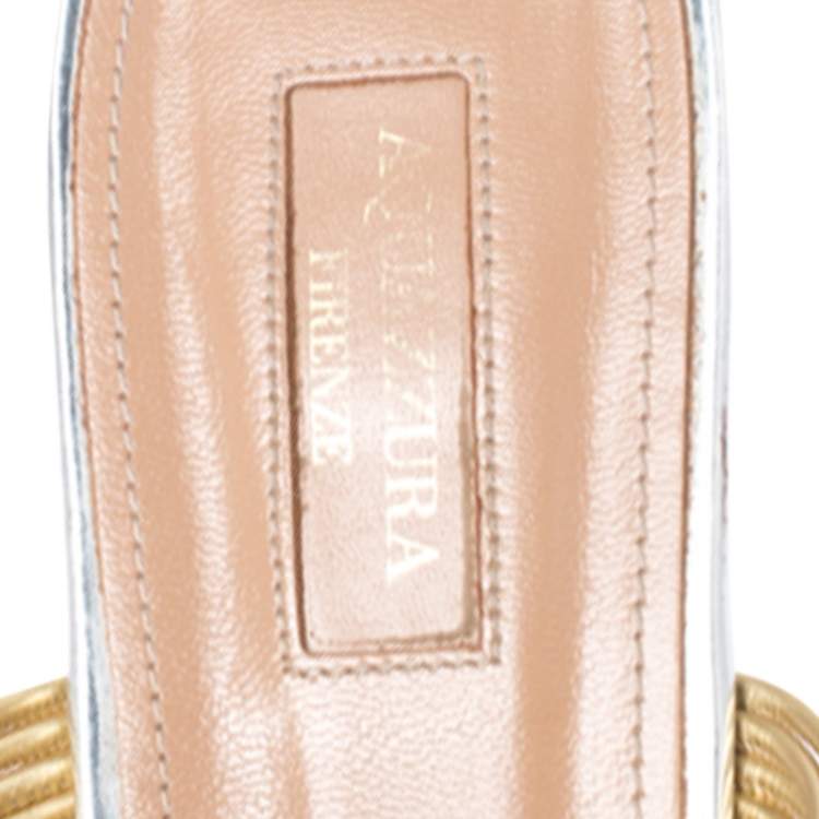 Pre Owned Aquazzura Metallic Gold/Silver Leather Rendez Vous Flat Slides Size 38.5