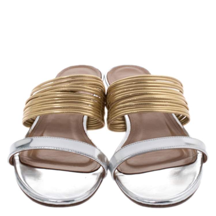 Pre Owned Aquazzura Metallic Gold/Silver Leather Rendez Vous Flat Slides Size 38.5