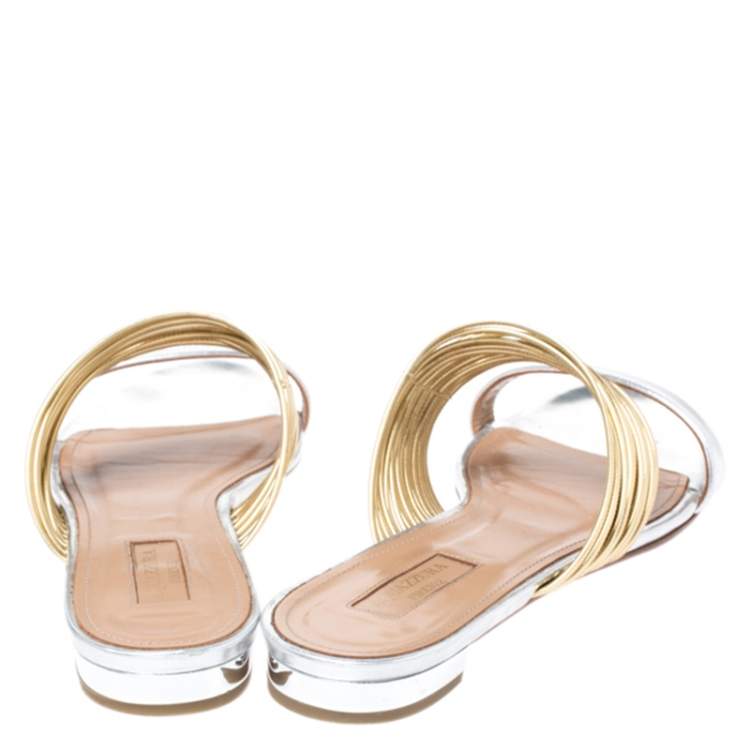 Pre Owned Aquazzura Metallic Gold/Silver Leather Rendez Vous Flat Slides Size 38.5