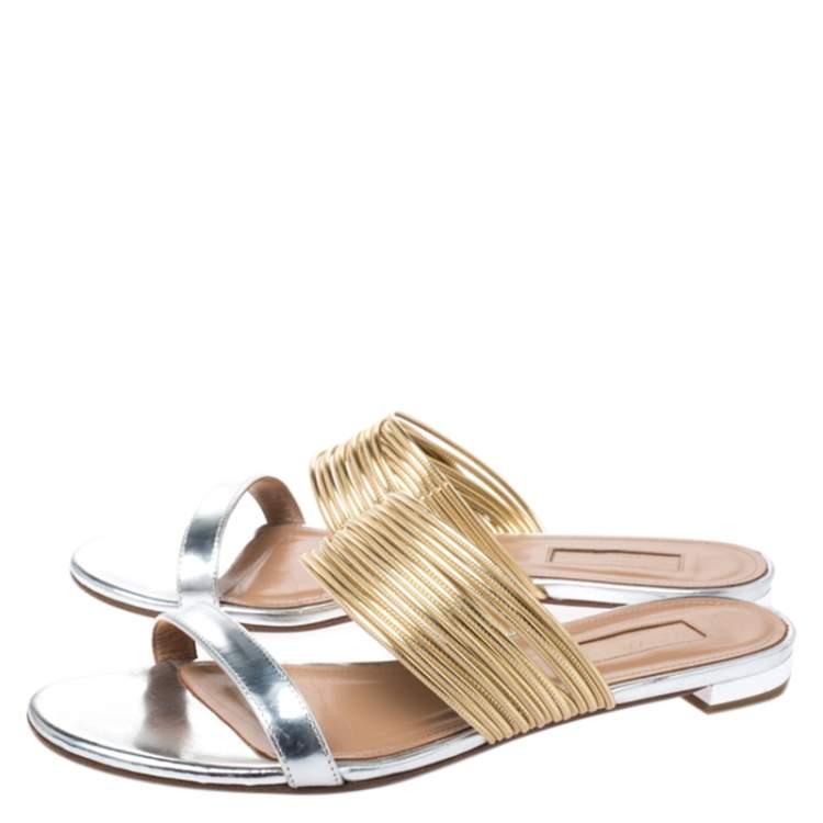 Pre Owned Aquazzura Metallic Gold/Silver Leather Rendez Vous Flat Slides Size 38.5