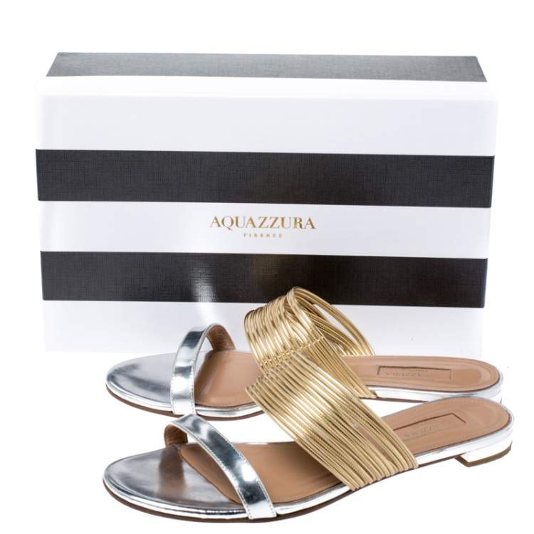Pre Owned Aquazzura Metallic Gold/Silver Leather Rendez Vous Flat Slides Size 38.5