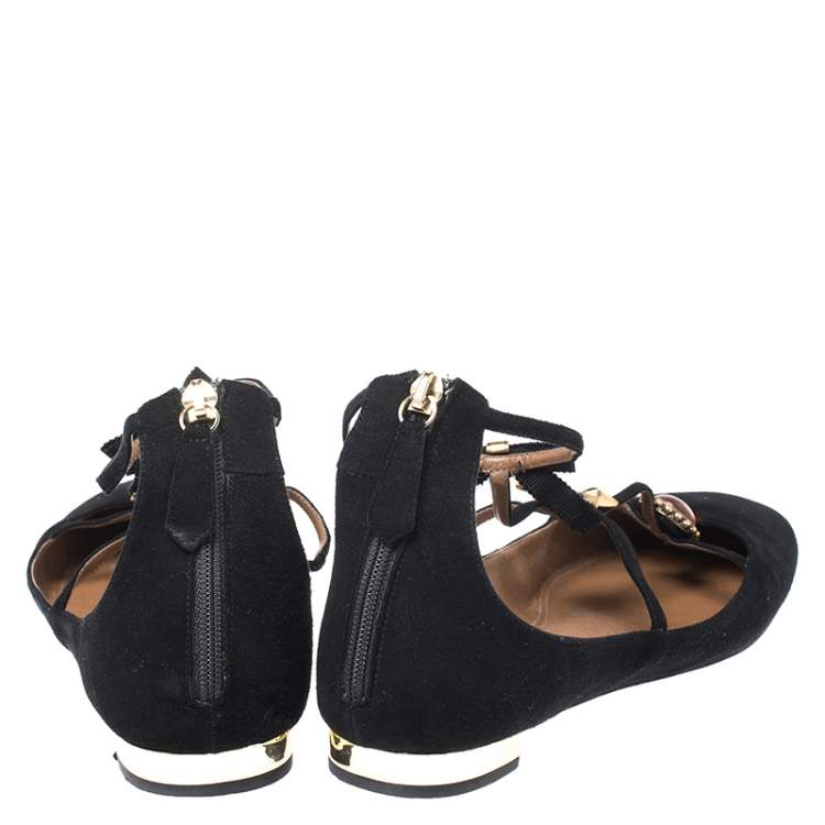 مملوكة مسبقًا Aquazzura Black Suede Pandora Embellished Ballet Flats Size 40