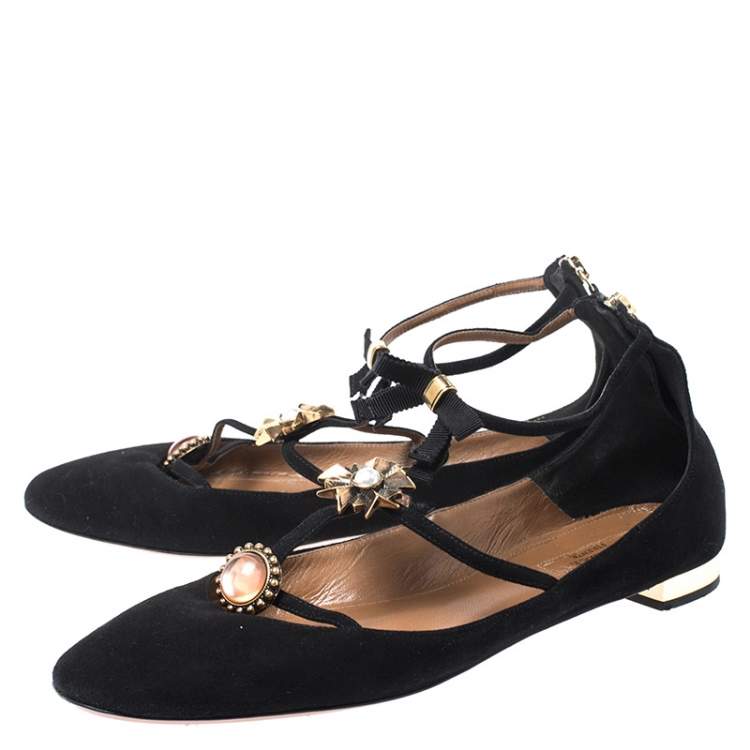 مملوكة مسبقًا Aquazzura Black Suede Pandora Embellished Ballet Flats Size 40
