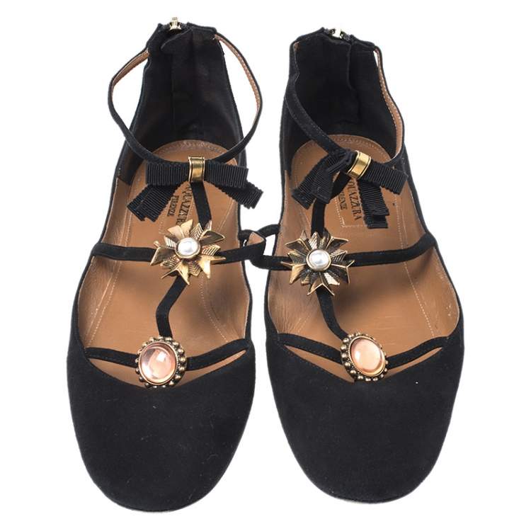 مملوكة مسبقًا Aquazzura Black Suede Pandora Embellished Ballet Flats Size 40