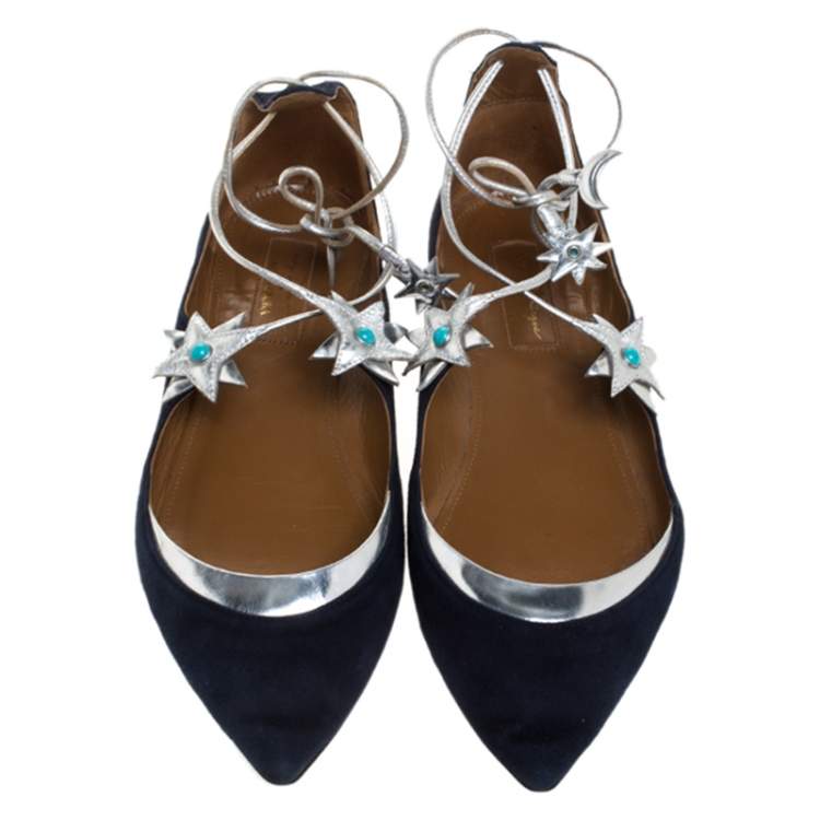 Pre Owned Aquazzura Blue/Silver Suede And Leather Poppy Delevingne Pointed Toe Ankle Wrap Flats Size 38