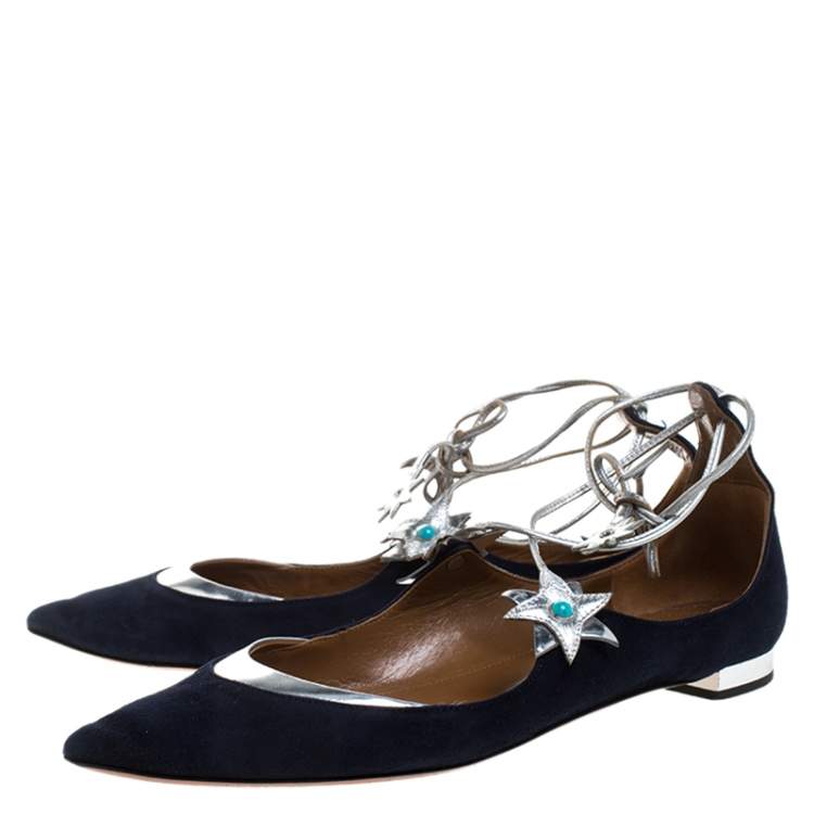 Pre Owned Aquazzura Blue/Silver Suede And Leather Poppy Delevingne Pointed Toe Ankle Wrap Flats Size 38
