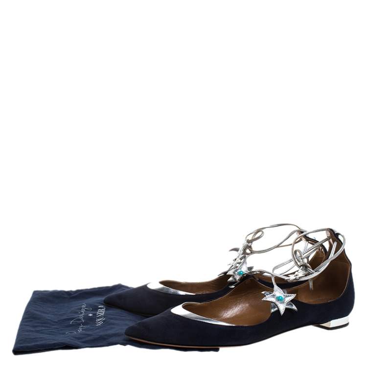 Pre Owned Aquazzura Blue/Silver Suede And Leather Poppy Delevingne Pointed Toe Ankle Wrap Flats Size 38