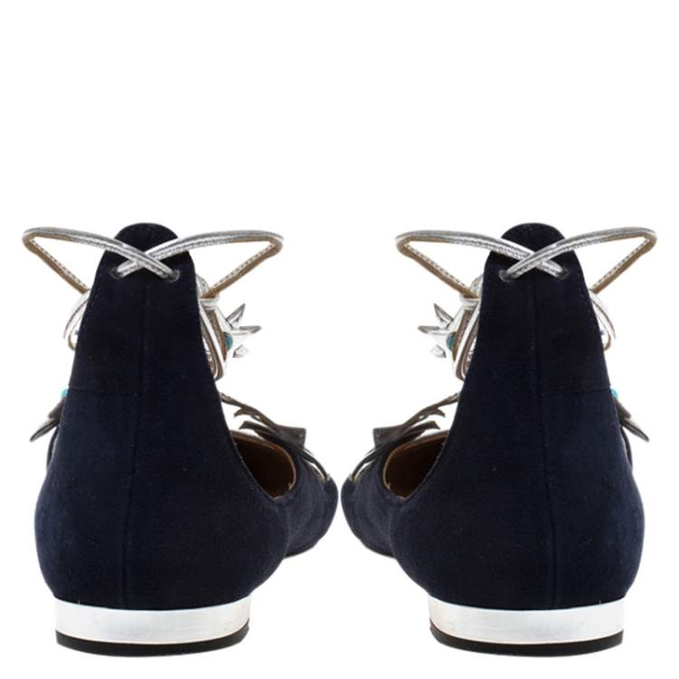 Pre Owned Aquazzura Blue/Silver Suede And Leather Poppy Delevingne Pointed Toe Ankle Wrap Flats Size 38