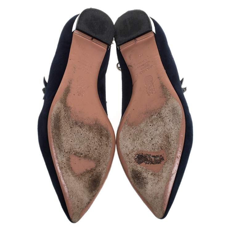 Pre Owned Aquazzura Blue/Silver Suede And Leather Poppy Delevingne Pointed Toe Ankle Wrap Flats Size 38