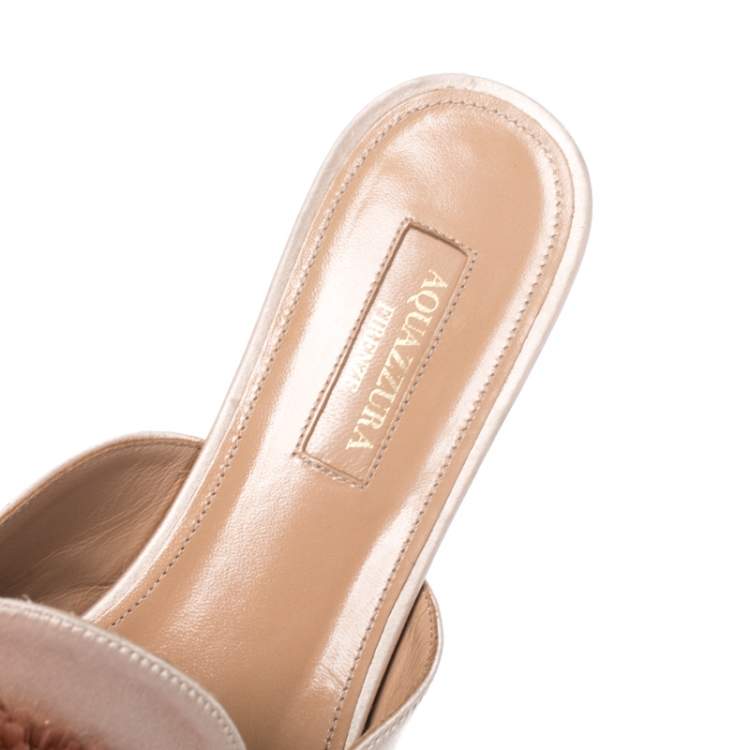 Pre Owned Aquazzura Beige Satin Powder Puff Pom Pom Mules Size 37