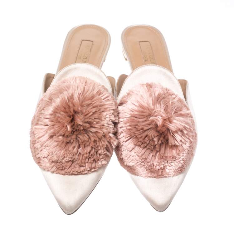 Pre Owned Aquazzura Beige Satin Powder Puff Pom Pom Mules Size 37