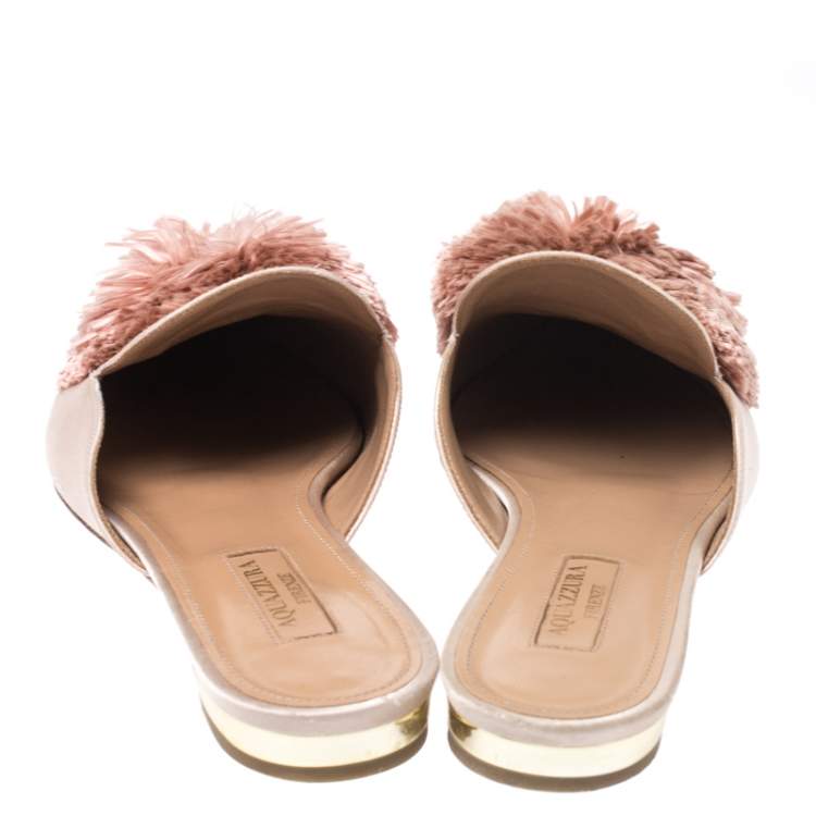 Pre Owned Aquazzura Beige Satin Powder Puff Pom Pom Mules Size 37