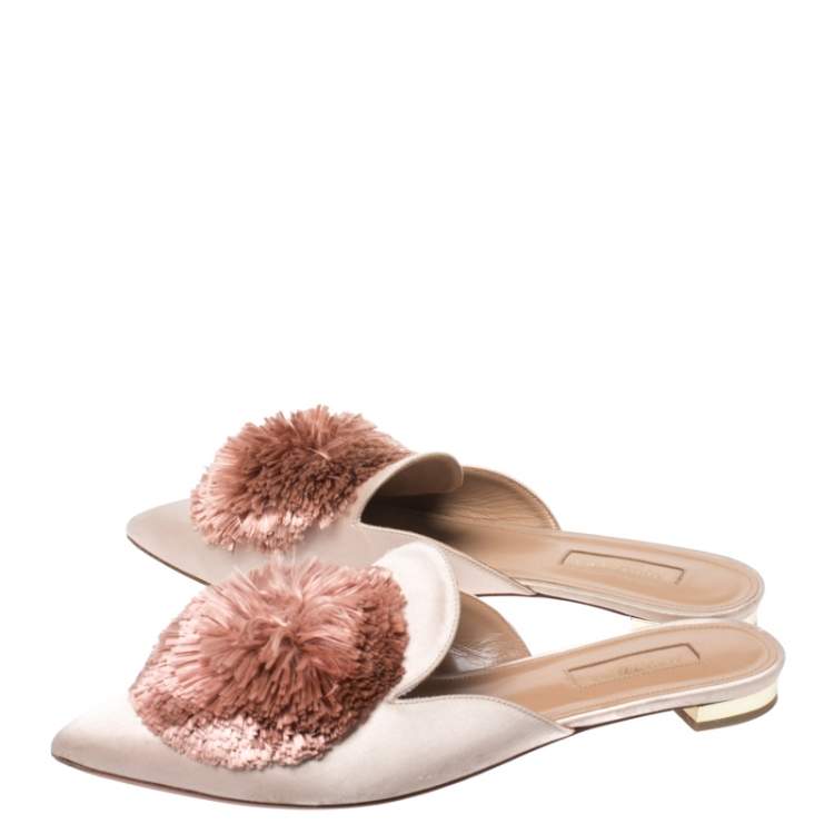 Pre Owned Aquazzura Beige Satin Powder Puff Pom Pom Mules Size 37