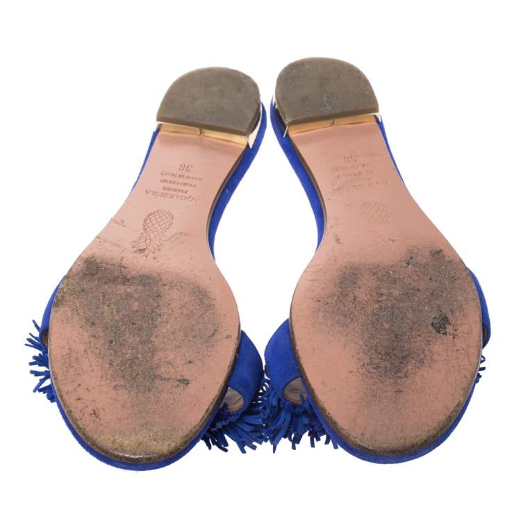 Pre Owned Aquazzura Blue Suede Wild Thing Fringe Trimmed Flat Slides Size 36