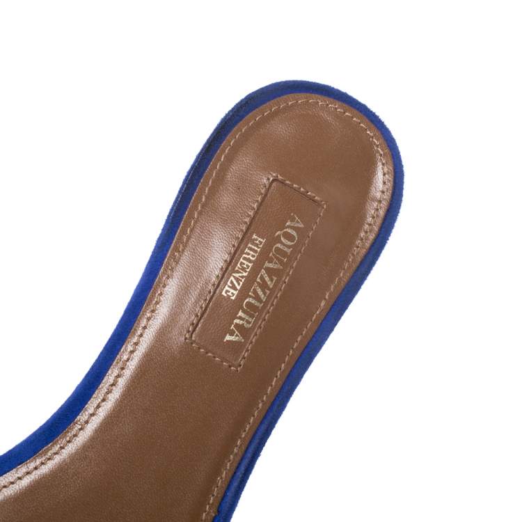 Pre Owned Aquazzura Blue Suede Wild Thing Fringe Trimmed Flat Slides Size 36