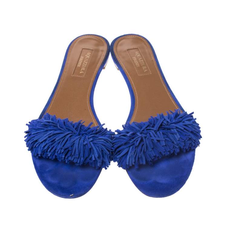Pre Owned Aquazzura Blue Suede Wild Thing Fringe Trimmed Flat Slides Size 36