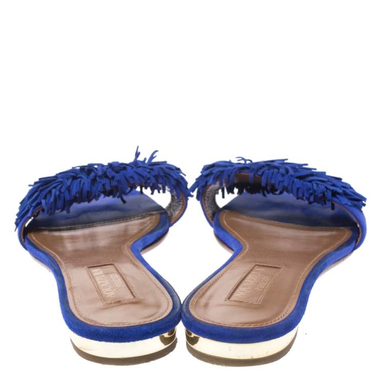 Pre Owned Aquazzura Blue Suede Wild Thing Fringe Trimmed Flat Slides Size 36