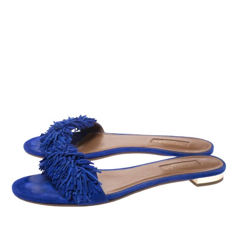 Pre Owned Aquazzura Blue Suede Wild Thing Fringe Trimmed Flat Slides Size 36