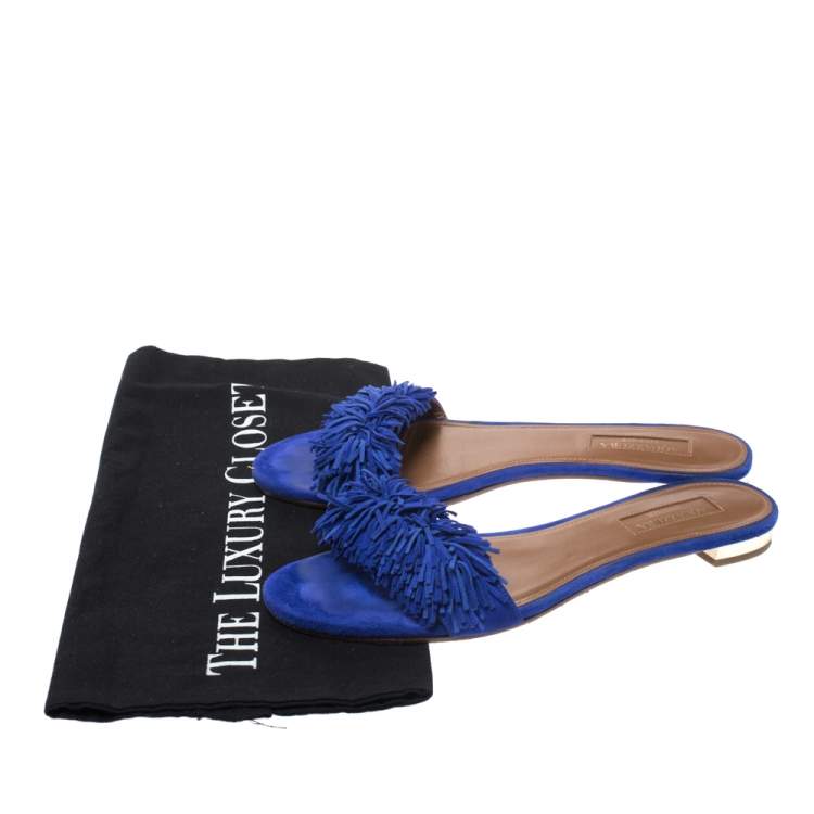 Pre Owned Aquazzura Blue Suede Wild Thing Fringe Trimmed Flat Slides Size 36