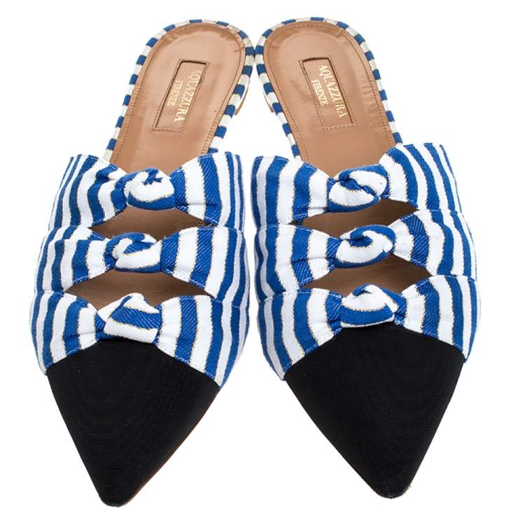 Pre Owned Aquazzura Multicolor Canvas And Grosgrain Mondaine Flat Mules Size 39