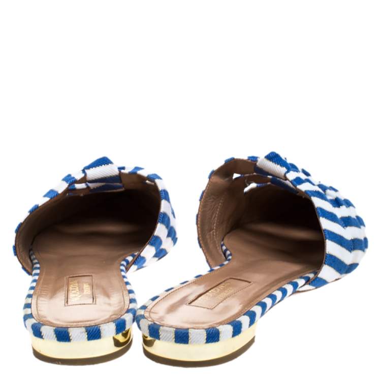 Pre Owned Aquazzura Multicolor Canvas And Grosgrain Mondaine Flat Mules Size 39
