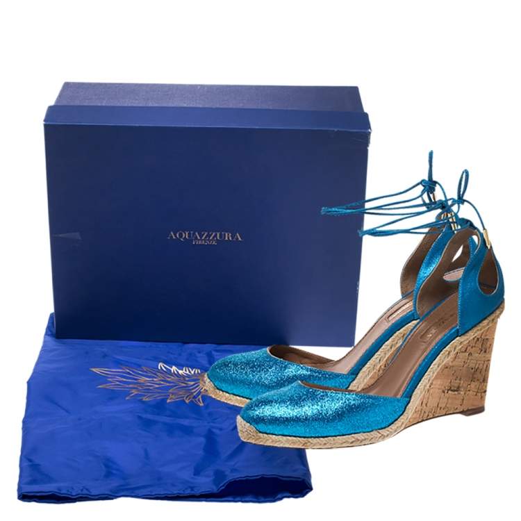 Pre Owned Aquazzura Blue Glitter Fabric And Leather Palm Beach Ankle Tie Cork Wedge Sandals Size 38