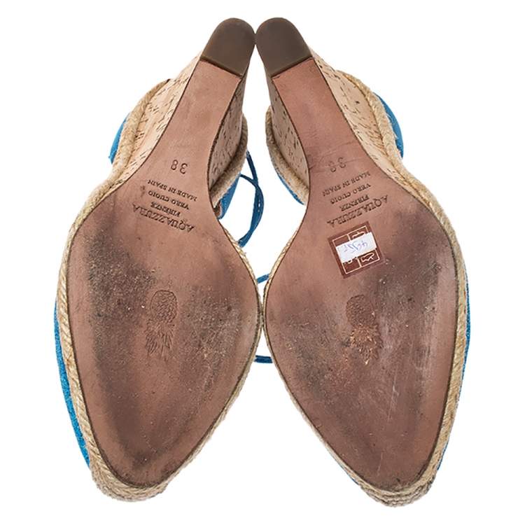 Pre Owned Aquazzura Blue Glitter Fabric And Leather Palm Beach Ankle Tie Cork Wedge Sandals Size 38
