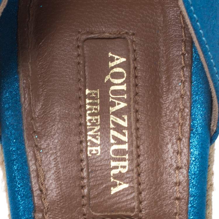 Pre Owned Aquazzura Blue Glitter Fabric And Leather Palm Beach Ankle Tie Cork Wedge Sandals Size 38