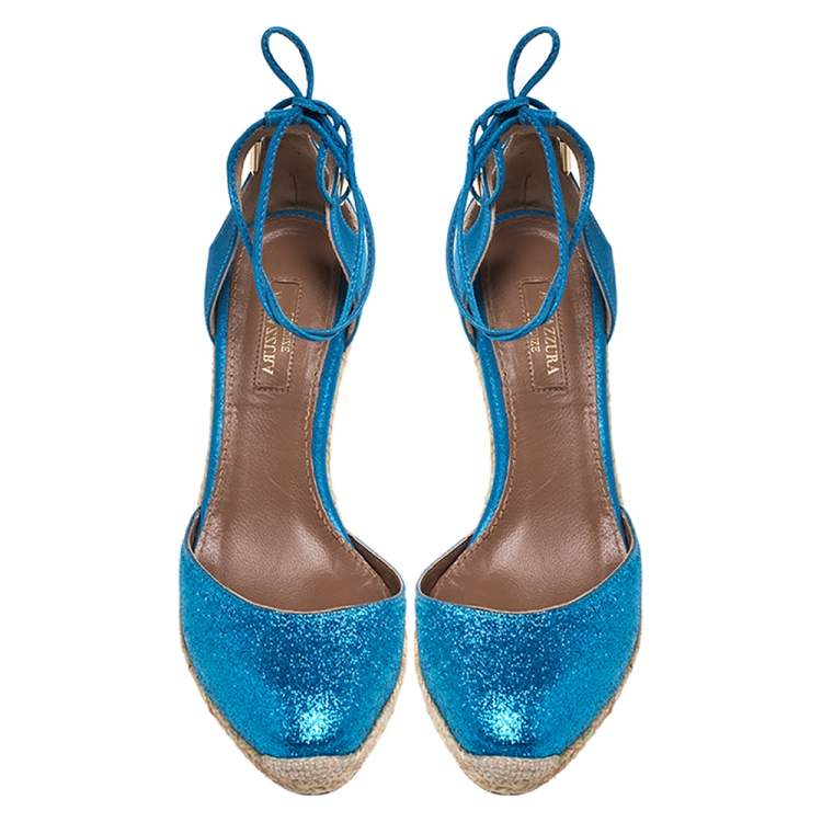 Pre Owned Aquazzura Blue Glitter Fabric And Leather Palm Beach Ankle Tie Cork Wedge Sandals Size 38
