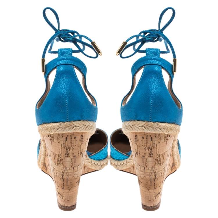 Pre Owned Aquazzura Blue Glitter Fabric And Leather Palm Beach Ankle Tie Cork Wedge Sandals Size 38