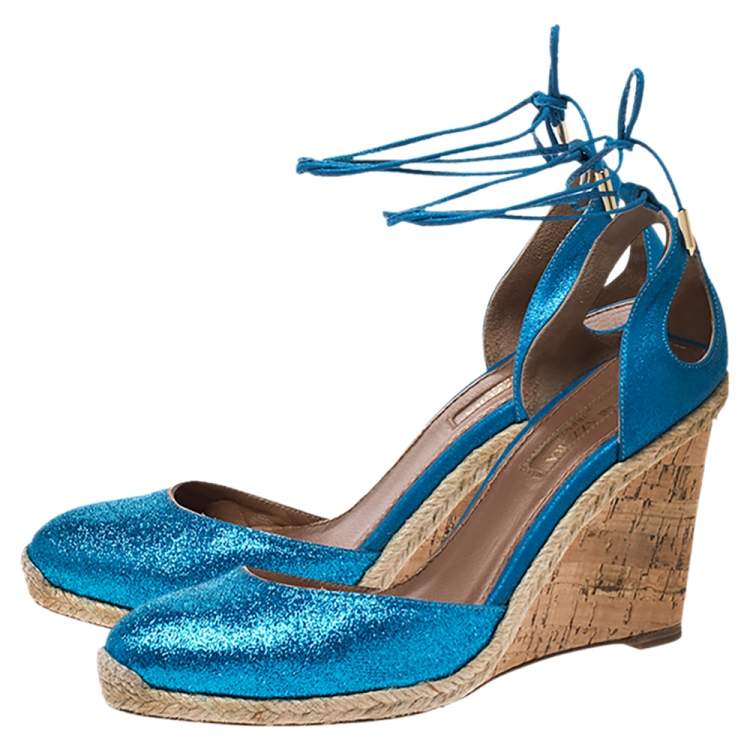 Pre Owned Aquazzura Blue Glitter Fabric And Leather Palm Beach Ankle Tie Cork Wedge Sandals Size 38