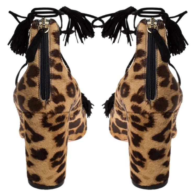 Pre Owned Aquazzura Brown Leopard Print Pony Hair Fringe Detail Ankle Wrap Block Heel Pumps Size 39