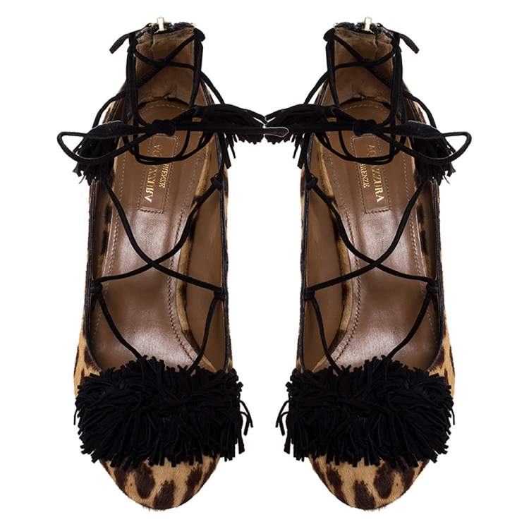Pre Owned Aquazzura Brown Leopard Print Pony Hair Fringe Detail Ankle Wrap Block Heel Pumps Size 39