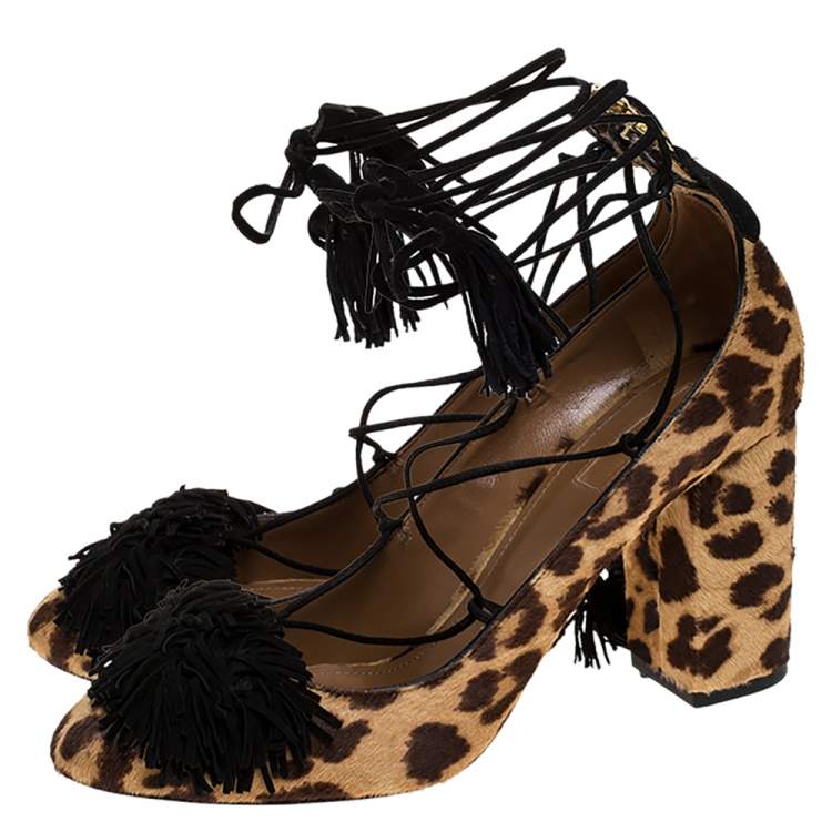 Pre Owned Aquazzura Brown Leopard Print Pony Hair Fringe Detail Ankle Wrap Block Heel Pumps Size 39