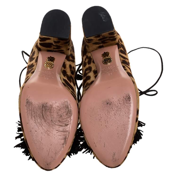 Pre Owned Aquazzura Brown Leopard Print Pony Hair Fringe Detail Ankle Wrap Block Heel Pumps Size 39